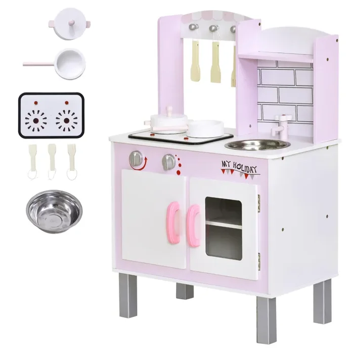 Cucina Giocattolo per Bambini 55x30x80 cm in Pino e MDF con Accessori Rosa