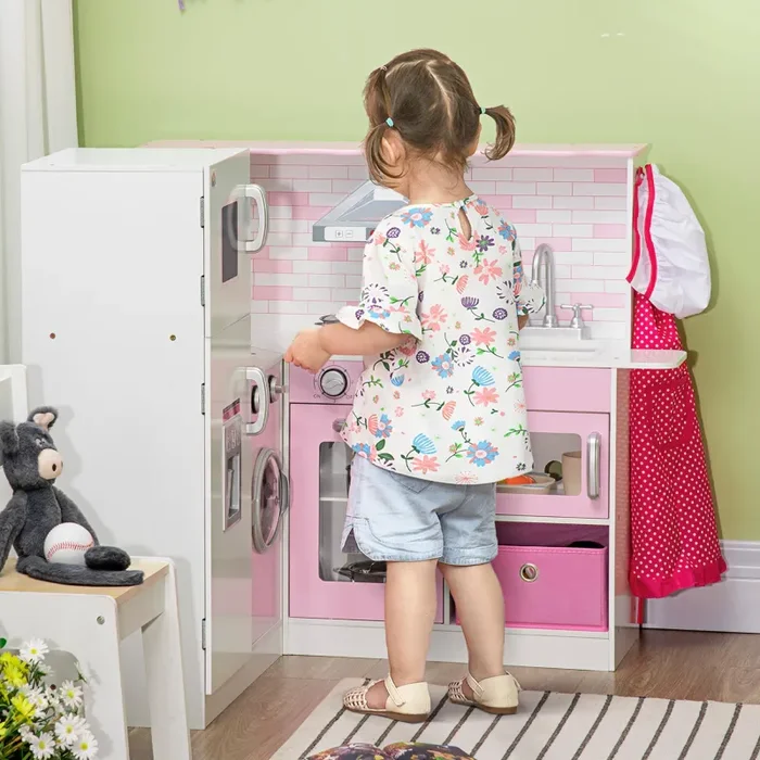 Cucina Giocattolo per Bambini 84×93,5×85 cm con Luci e Utensili in MDF e PP Bianca e Rosa - immagine 2