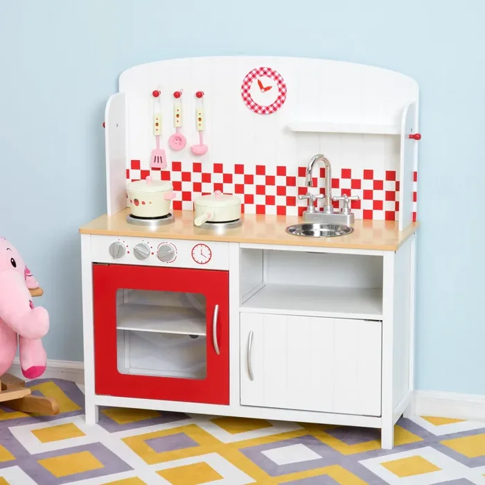 Cucina Giocattolo per Bambini con Accessori in Legno Bianco e Rosso 70x30x88 cm Fornitura - immagine 2