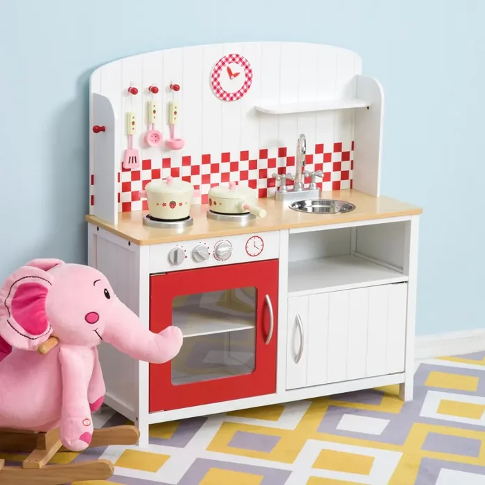 Cucina Giocattolo per Bambini con Accessori in Legno Bianco e Rosso 70x30x88 cm Fornitura - immagine 3