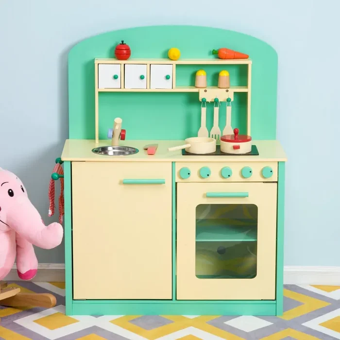 Cucina Giocattolo per Bambini con Accessori in Legno Verde 70x30x88 cm - immagine 3