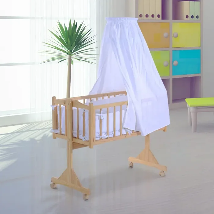 Culla Lettino a Dondolo per Neonati in Legno Naturale con Zanzariera e Biancheria da Letto - immagine 2