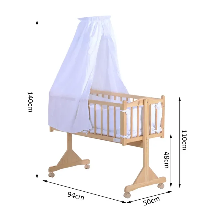 Culla Lettino a Dondolo per Neonati in Legno Naturale con Zanzariera e Biancheria da Letto - immagine 3