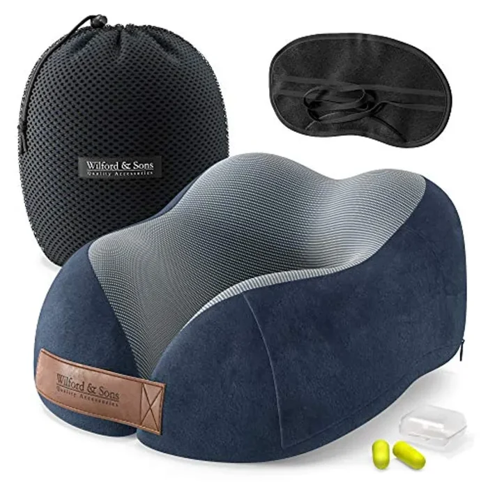 Cuscino da viaggio Collo memory foam Set con Maschera + Auricolari + Borsa Trasporto | Reggicollo fatto da schiuma di memoria Aereo Treno Auto | ergonomico, fodera morbida lavabile | adulti bambini