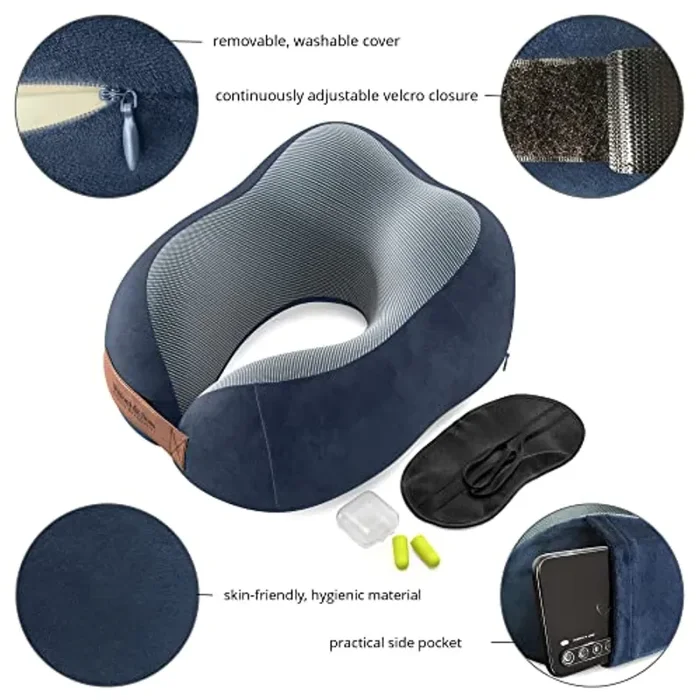 Cuscino da viaggio Collo memory foam Set con Maschera + Auricolari + Borsa Trasporto | Reggicollo fatto da schiuma di memoria Aereo Treno Auto | ergonomico, fodera morbida lavabile | adulti bambini - immagine 2