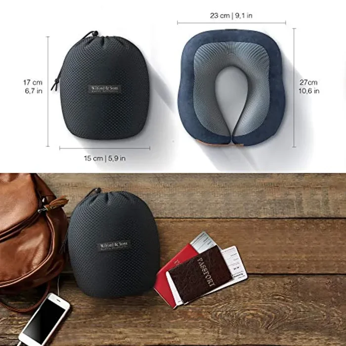 Cuscino da viaggio Collo memory foam Set con Maschera + Auricolari + Borsa Trasporto | Reggicollo fatto da schiuma di memoria Aereo Treno Auto | ergonomico, fodera morbida lavabile | adulti bambini - immagine 3