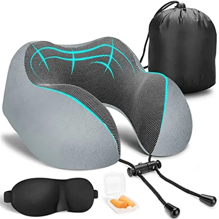Cuscino da Viaggio Memory Foam, Cuscino Cervicale da Viaggio Tightness Regolabile, Con maschera per occhi e inserti per orecchie, Cuscino Aereo, Cuscino Viaggio