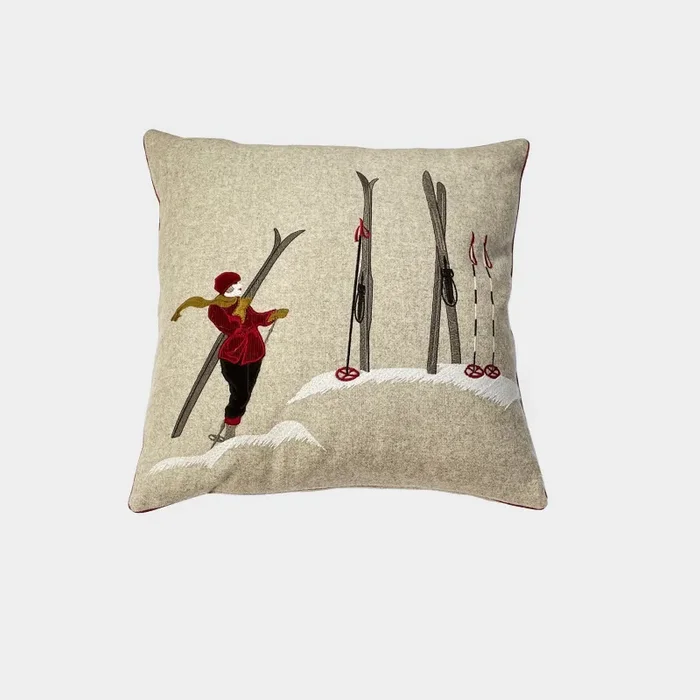 Cuscino lana melange ricamo Sciatrice Vintage – Pronta Consegna