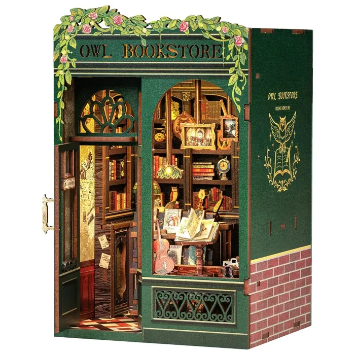 CUTEBEE Book Nook – Kit fai da te in miniatura, casa delle bambole in miniatura, casa delle bambole fai da te, con protezione antipolvere e luce LED, kit di costruzione per adulti (gufo Bookstore)