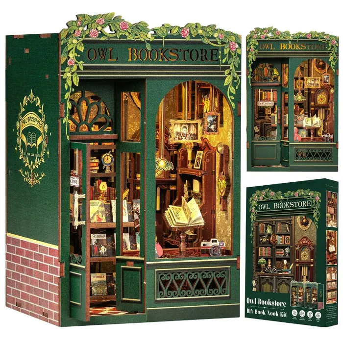 CUTEBEE Book Nook – Kit fai da te in miniatura, casa delle bambole in miniatura, casa delle bambole fai da te, con protezione antipolvere e luce LED, kit di costruzione per adulti (gufo Bookstore) - immagine 2