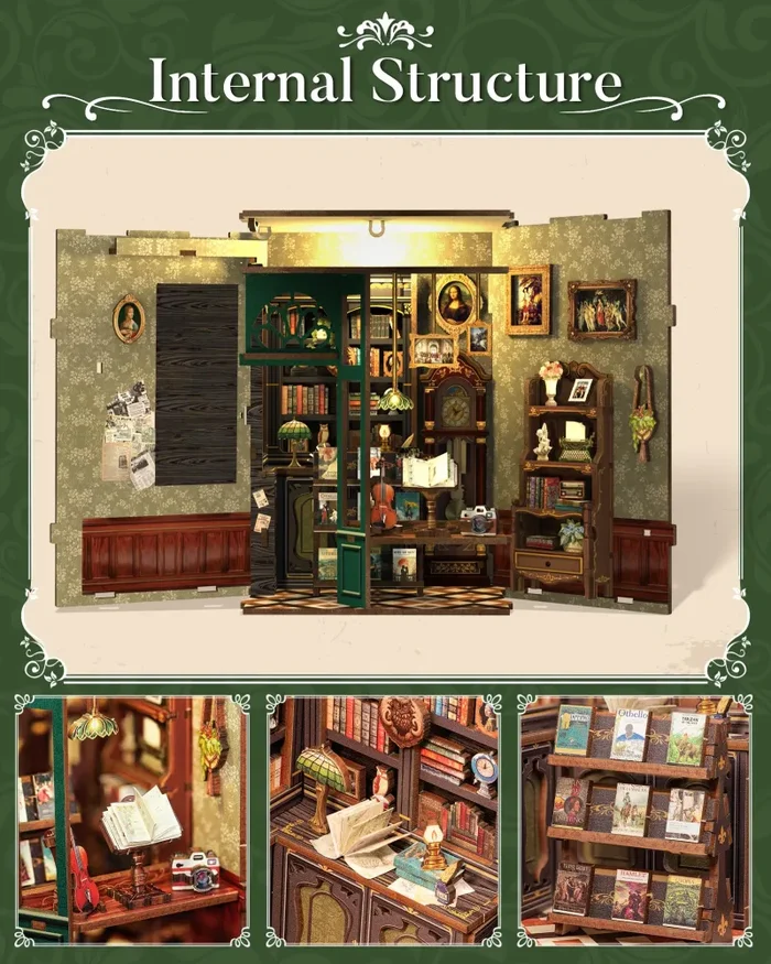CUTEBEE Book Nook – Kit fai da te in miniatura, casa delle bambole in miniatura, casa delle bambole fai da te, con protezione antipolvere e luce LED, kit di costruzione per adulti (gufo Bookstore) - immagine 3