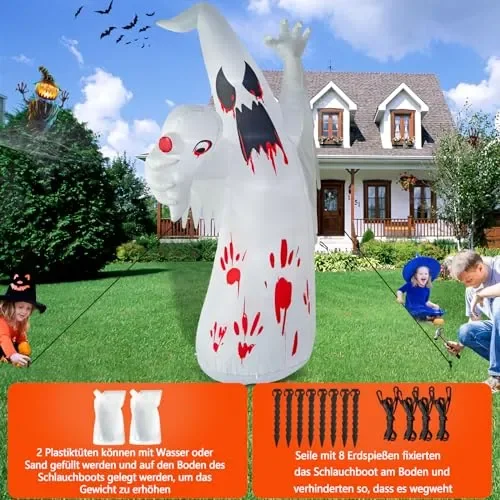 Danxilu Fantasma Gonfiabile di Halloween da 8 Piedi con Lampada a Fiamma Decorazioni Spettrali all’aperto di Halloween, Fantasma Inquietante Esploso Illuminato per Portico del Prato del Giardino - immagine 2