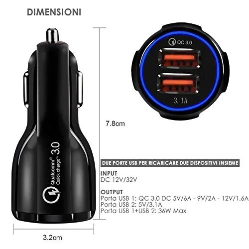 Davilis® Caricatore USB da Auto 5V 6A Universale Quick Charge 3.0 Veloce Caricabatterie Alimentatore Presa USB 2 Porte, Spina per Smartphone Tablet iOS Android - immagine 3