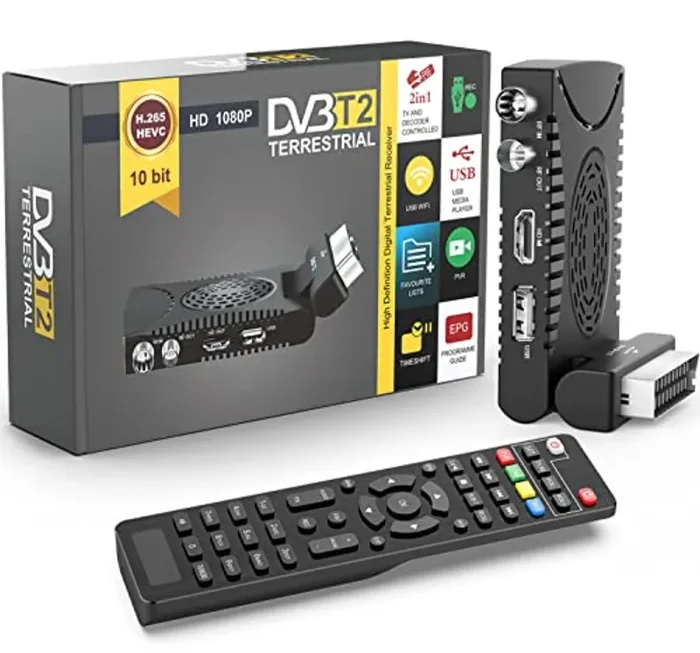 Decoder DVB-T2 HD 1080P Ricevitore Digitale Terrestre HDMI H265 HEVC Main 10 Bit Riceve Tutti I Canali Gratuiti, Mini Scart Supporto USB WiFi [Include un Telecomando Universale 2in1]