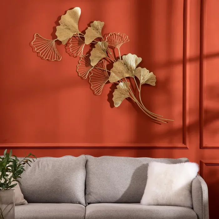 Decorazione Murale 3D 138×70 cm in Metallo Wall Art Dorata con Foglie di Ginkgo Online - immagine 2