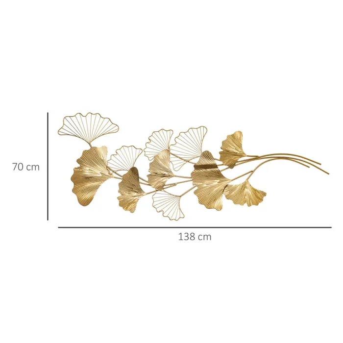 Decorazione Murale 3D 138×70 cm in Metallo Wall Art Dorata con Foglie di Ginkgo Online - immagine 3