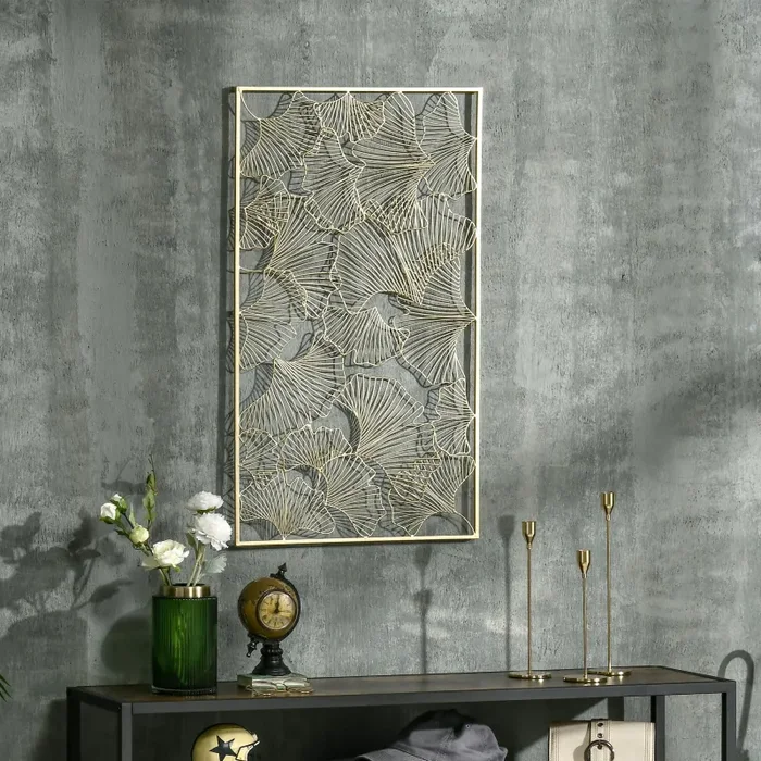 Decorazione Murale 3D Rettangolare 50×85 cm in Metallo Foglie di Ginkgo Oro - immagine 2