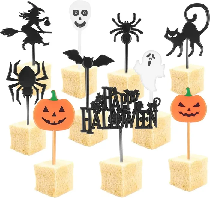 Decorazioni Torta Halloween, 100 Pezzi di Halloween Topper di Torta Topper Forma di Zucca, Fantasma, Pipistrello, Cranio e Ragno Halloween Topper Decorativo per Torta, Panini, Cupcake - immagine 2
