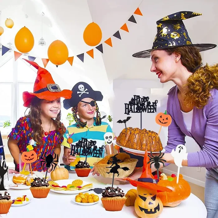 Decorazioni Torta Halloween, 100 Pezzi di Halloween Topper di Torta Topper Forma di Zucca, Fantasma, Pipistrello, Cranio e Ragno Halloween Topper Decorativo per Torta, Panini, Cupcake - immagine 3