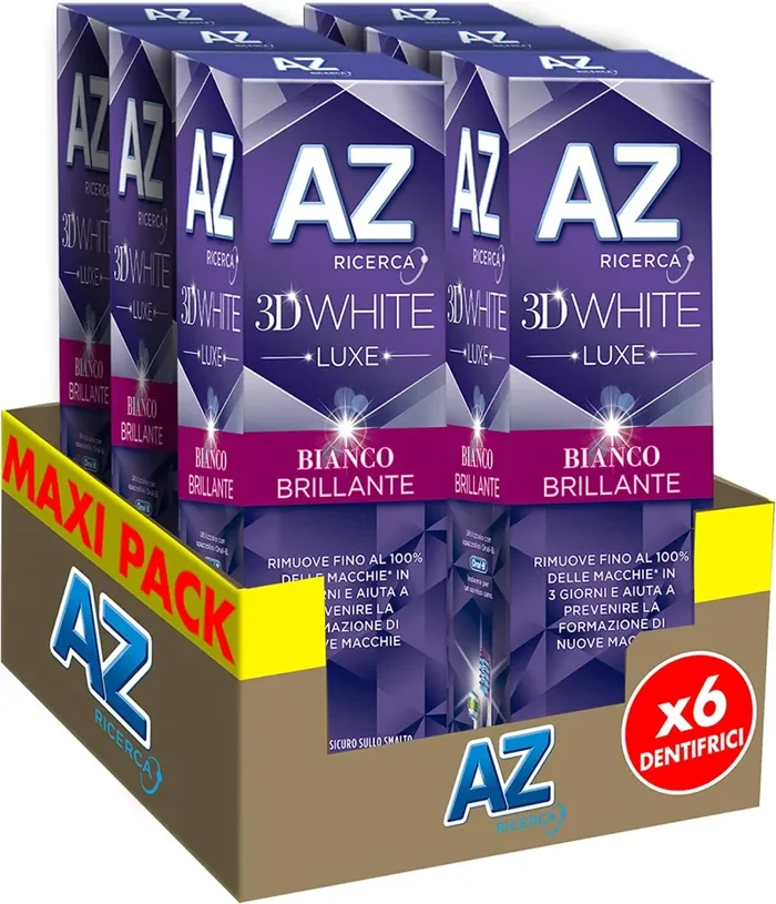 Dentifricio AZ 3D White Luxe con Azione Sbiancante Denti Professionale, per una Pulizia Denti Profonda e un Bianco Brillante, Maxi Formato da 6 Confezioni X 75ml