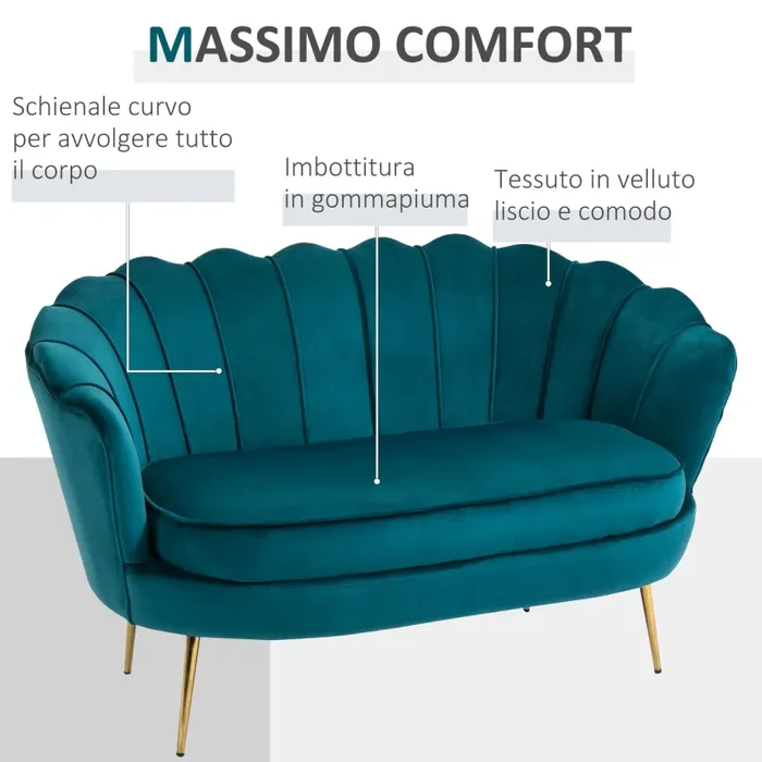 Divano 2 Posti 130x77x77 cm in Velluto Verde - immagine 3