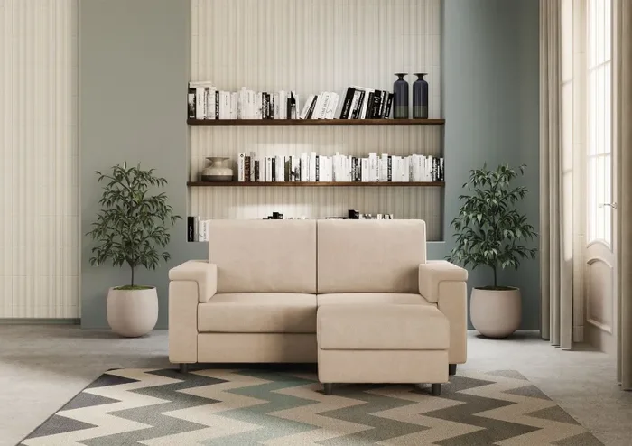 Divano 2 Posti con Pouf 148x155x85 cm Marrak in Tessuto Beige - immagine 2