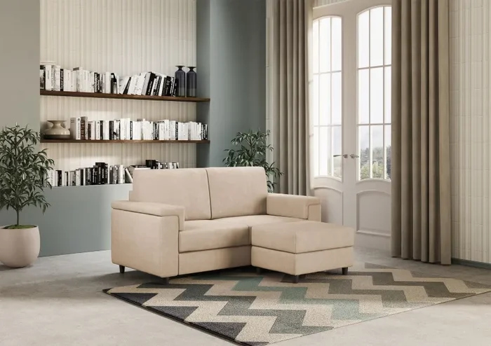 Divano 2 Posti con Pouf 148x155x85 cm Marrak in Tessuto Beige - immagine 3