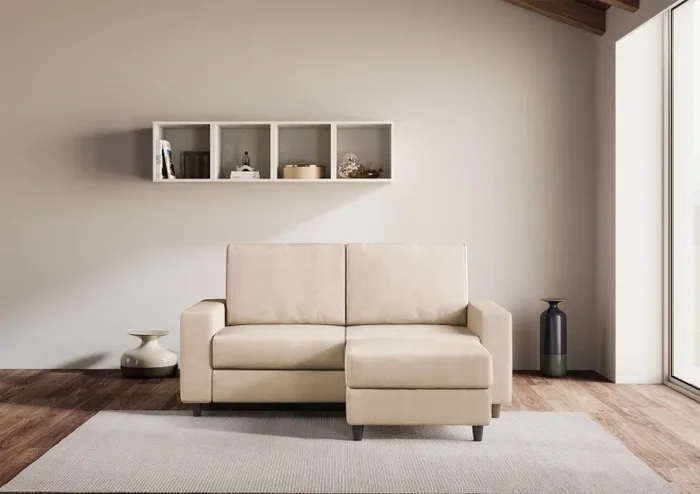 Divano 2 Posti con Pouf 148x155x85 cm Sakar in Tessuto Beige - immagine 2