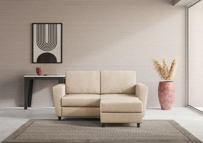 Divano 2 Posti con Pouf 152x155x85 cm Yasel in Tessuto Beige Vendita calda online - immagine 2
