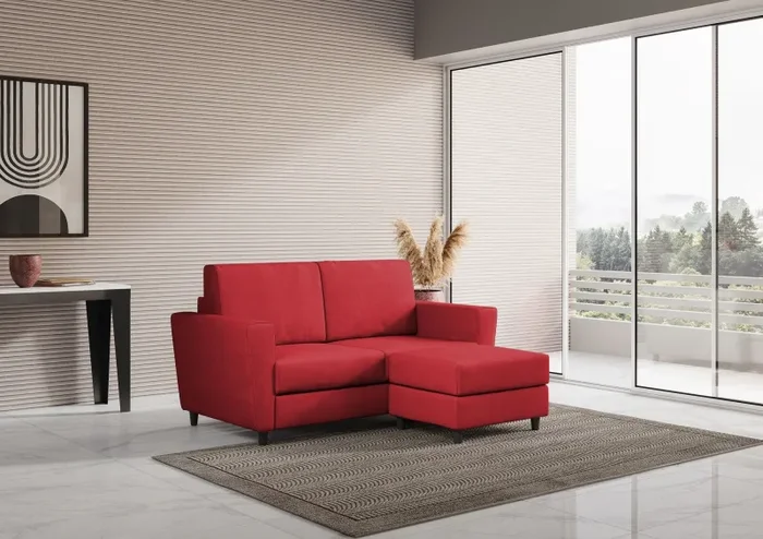 Divano 2 Posti con Pouf 152x155x85 cm Yasel in Tessuto Rosso - immagine 3