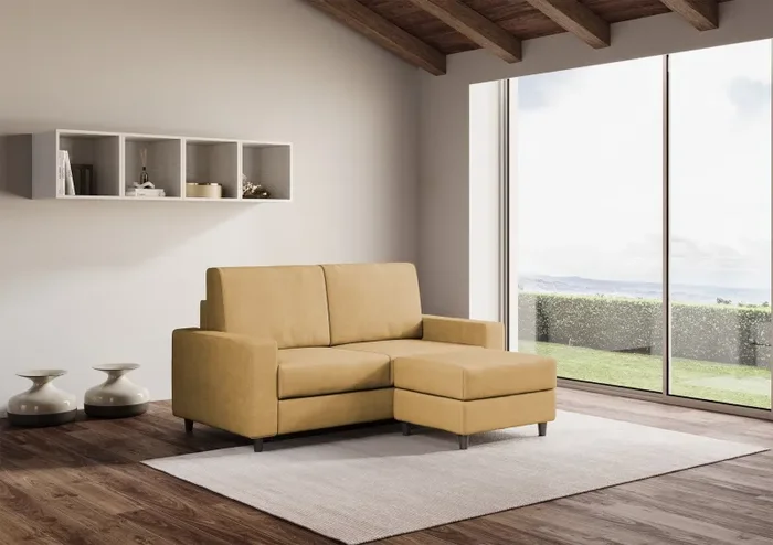 Divano 2 Posti con Pouf 168x145x85 cm Sakar in Tessuto Ocra - immagine 3