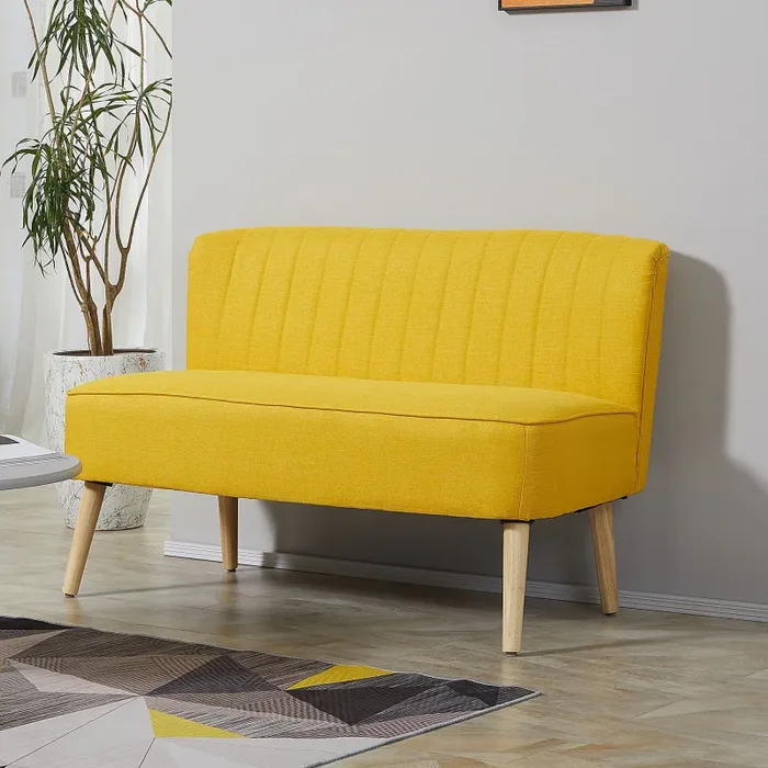 Divano 2 Posti Design Minimal Senza Braccioli in Tessuto con Gambe in Legno 117×56,5×77 cm Giallo Online ora - immagine 2
