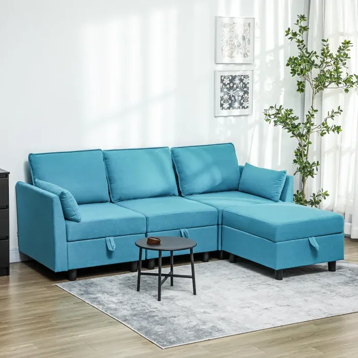 Divano 3 Posti Componibile Modulare con Pouf Poggiapiedi e Cuscini 213x156x88 cm Blu - immagine 2
