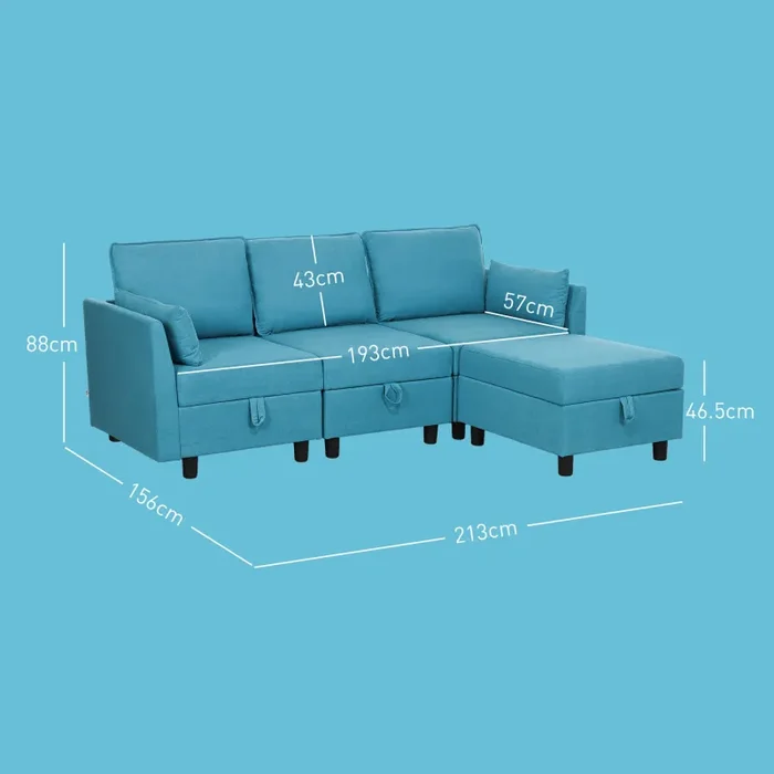 Divano 3 Posti Componibile Modulare con Pouf Poggiapiedi e Cuscini 213x156x88 cm Blu - immagine 3