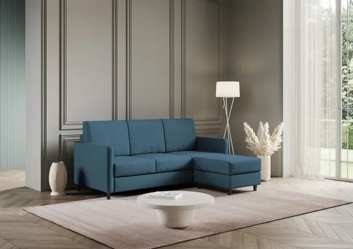 Divano 3 Posti con Pouf 198x155x85 cm Karay in Tessuto Avio - immagine 3