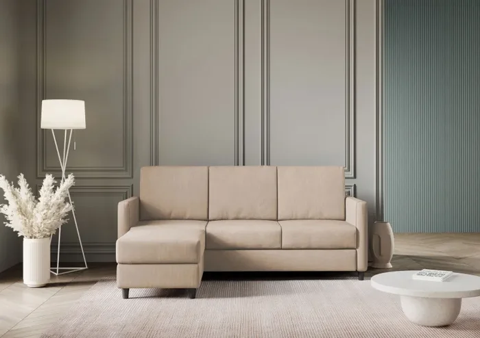 Divano 3 Posti con Pouf 198x155x85 cm Karay in Tessuto Beige - immagine 2