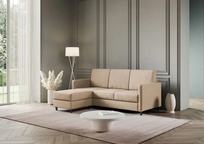 Divano 3 Posti con Pouf 198x155x85 cm Karay in Tessuto Beige - immagine 3