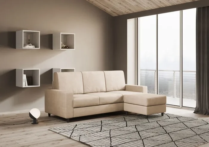 Divano 3 Posti con Pouf 208x155x85 cm Sakar in Tessuto Beige - immagine 3