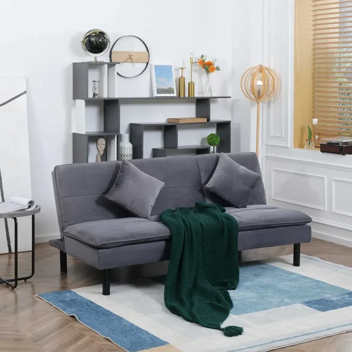 Divano Letto 2 Posti 181x92x84 cm in Tessuto Effetto Velluto Grigio - immagine 2