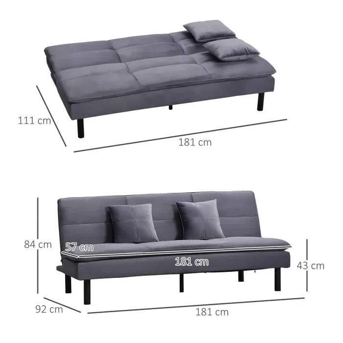Divano Letto 2 Posti 181x92x84 cm in Tessuto Effetto Velluto Grigio - immagine 3