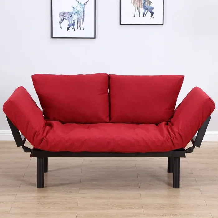 Divano Letto 2 Posti in Tessuto di Lino Rosso 166x70x80 cm