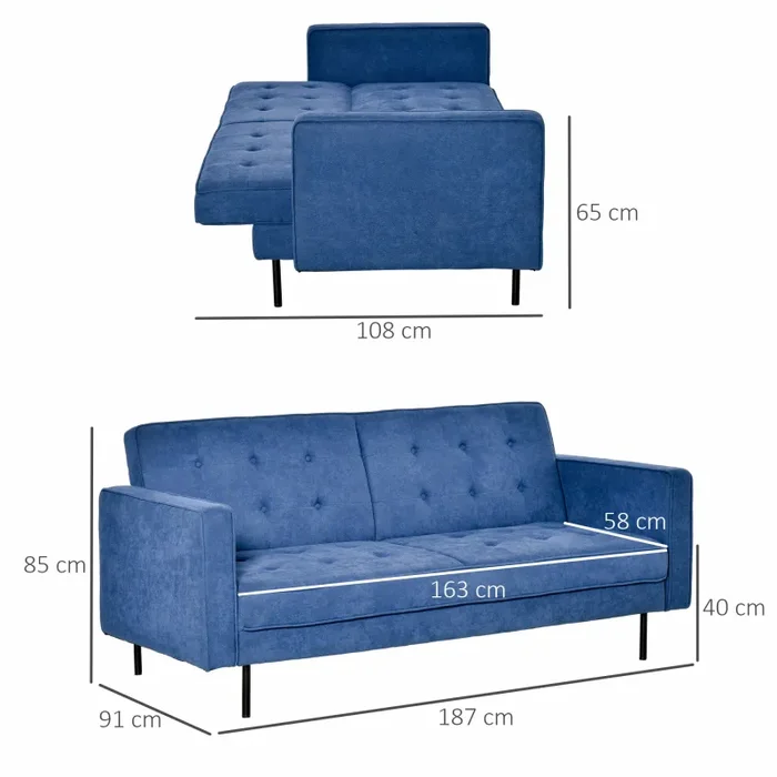 Divano Letto 3 Posti 187x91x85 cm in Tessuto Blu - immagine 3