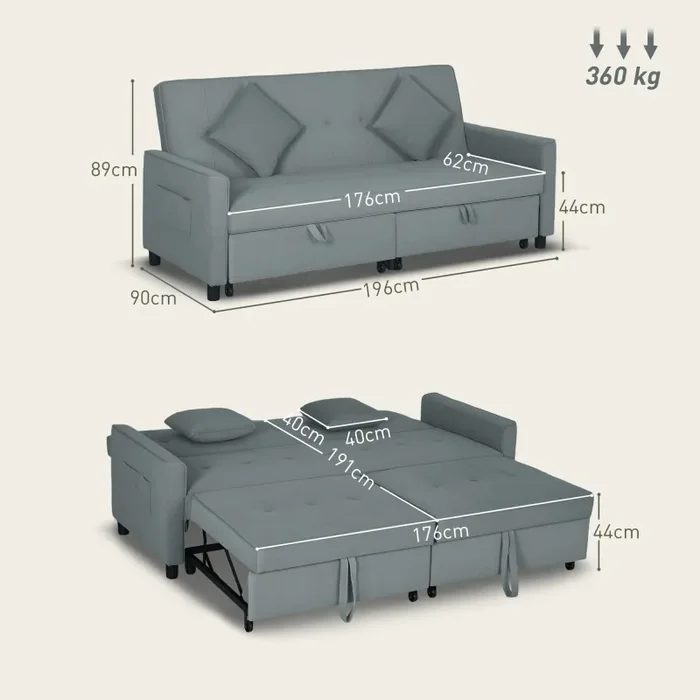 Divano Letto 3 Posti Clic Clac 196x90x89 cm con Schienale Reclinabile e 2 Cuscini Grigio - immagine 3