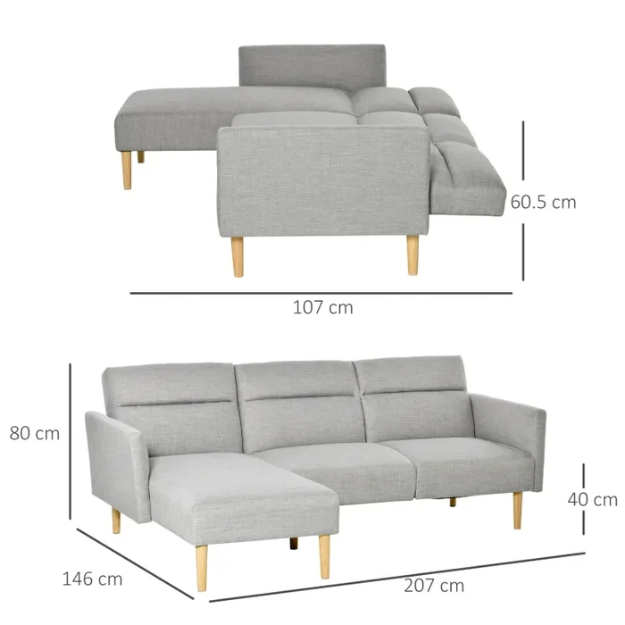 Divano Letto Angolare 207x107x60,5 cm con Penisola in Legno e Tessuto Grigio Chiaro - immagine 3