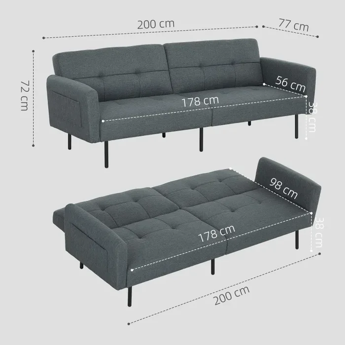 Divano Letto Clic Clac 200x77x72 cm con Schienale Regolabile in Tessuto Effetto Lino Grigio - immagine 3