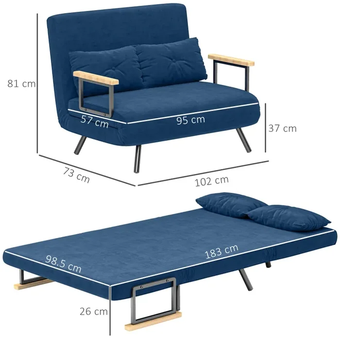 Divano Letto Schienale Regolabile 102x73x81 cm in Velluto Blu - immagine 3