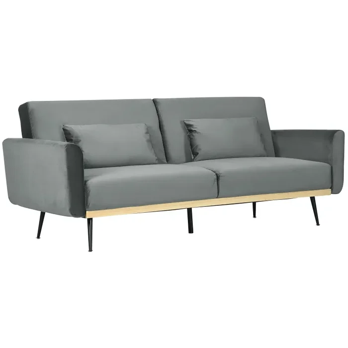 Divano Letto Singolo Clic Clac 206x81x83 cm in Tessuto Effetto Velluto con 2 Cuscini Grigio