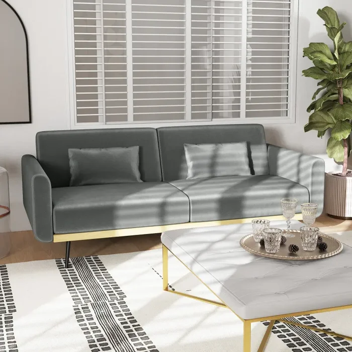 Divano Letto Singolo Clic Clac 206x81x83 cm in Tessuto Effetto Velluto con 2 Cuscini Grigio - immagine 2