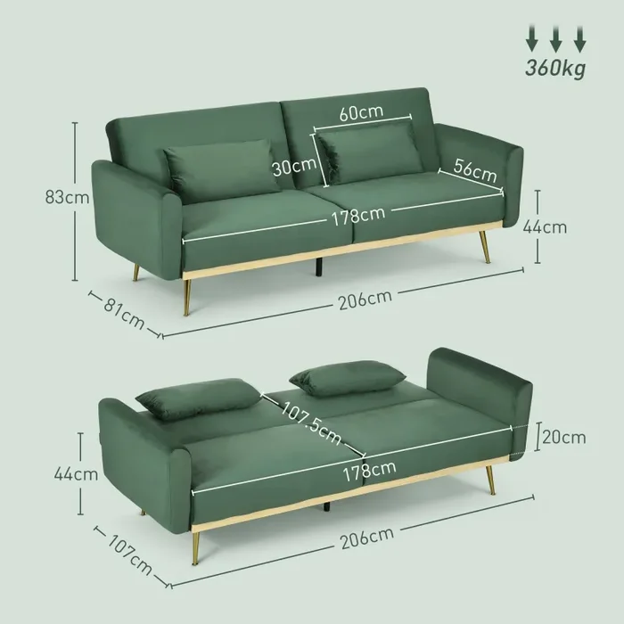 Divano Letto Singolo Clic Clac 206x81x83 cm in Tessuto Effetto Velluto con 2 Cuscini Verde Vendita online - immagine 3