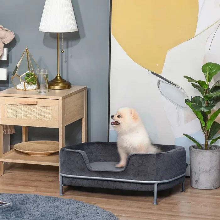 Divano per Cani e Gatti Imbottito 63,5x43x24,5 cm in Velluto con Base in Metallo Grigio Scuro - immagine 2